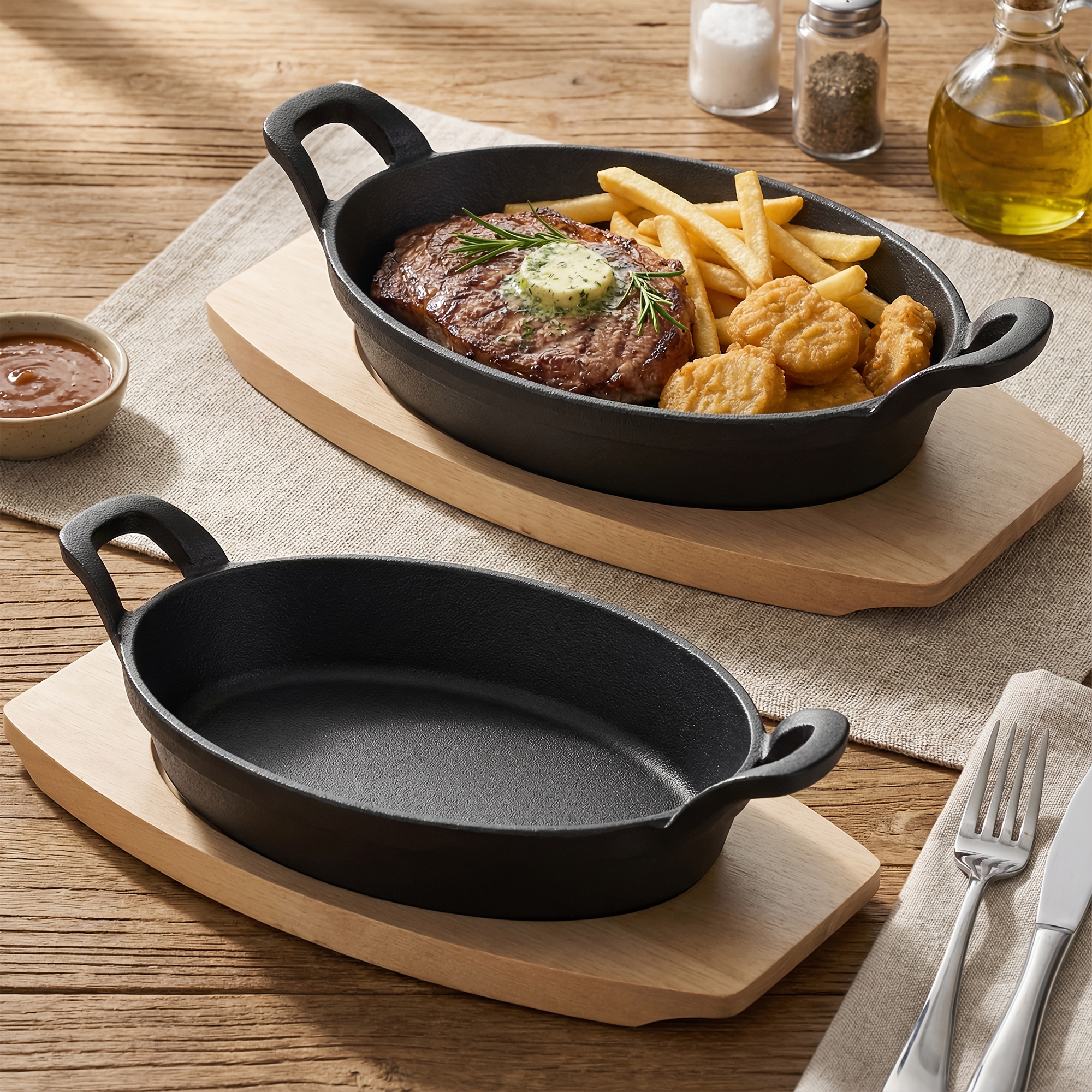 TEMU Pzul 4pcs Heavy-duty Set With And Wooden Tray - Oval Multipurpose Frying Pan, Suitable For Stove, Gas, Camping, And Kitchen, Wear-resistant And