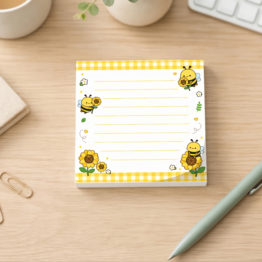 TEMU Cute Bee Sunflower Memo Pad Yellow Gingham Border Bee Cartoon Illustration Floral Aesthetic Lined Desk Notepad Multi Purpose To Do List Planner