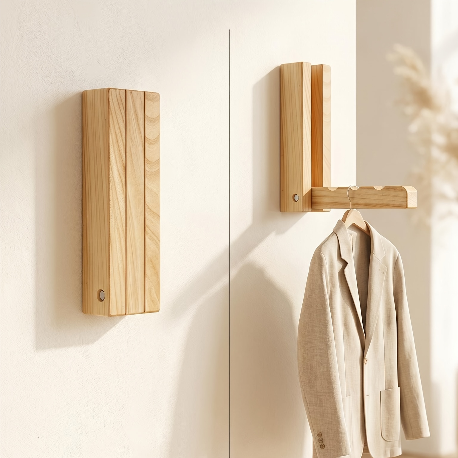 TEMU Solid Wood No-drill Folding Wall-mounted Coat Rack; Entryway Invisible Hook Wall Clothes And Key Storage Rack; Small Apartment Space- Natural