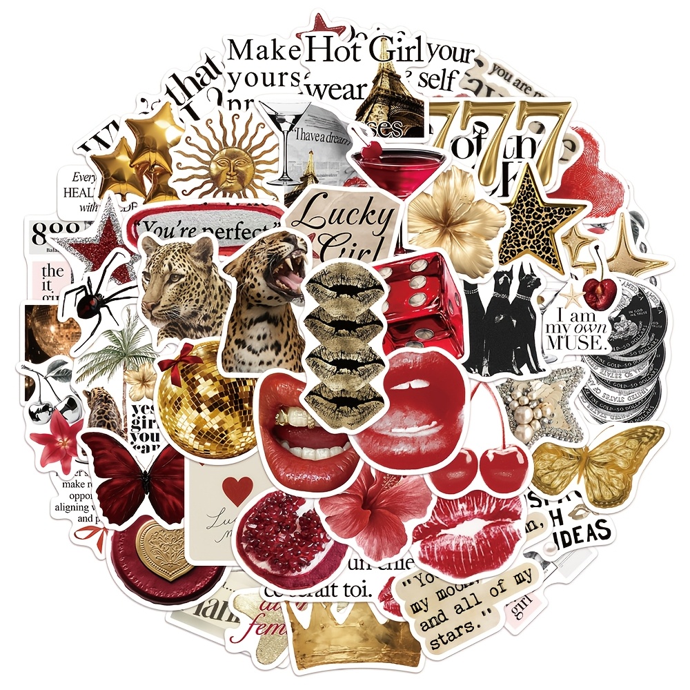 Image of 50pcs Red And Golden Creative Decorative Stickers For Phone Cases, Laptops, Water Bottles, And Computers