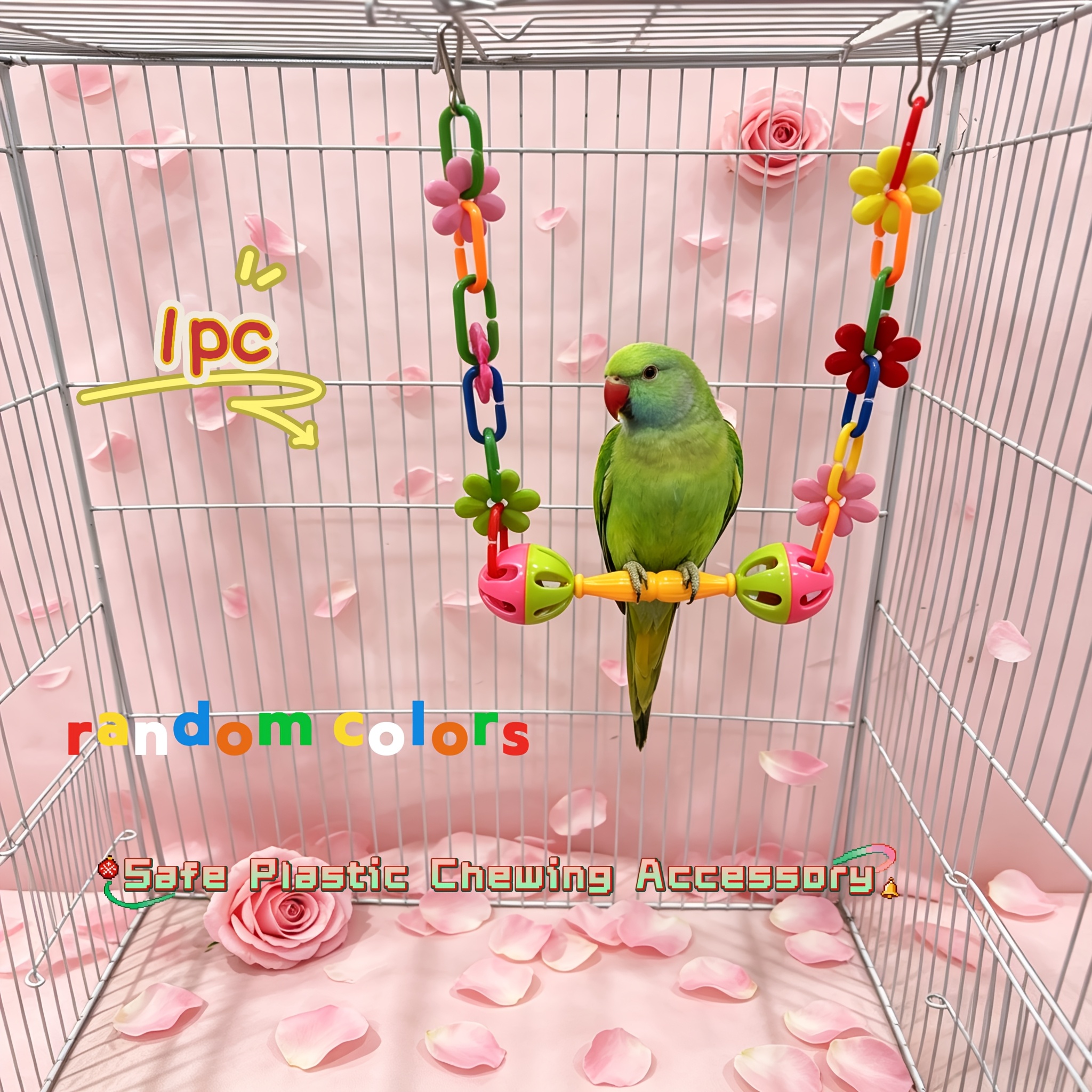 TEMU Colorful Flower Chain Bird Swing Toy With Double Bell Balls, Safe Plastic Hanging Perch Chewing Accessory For Budgies, Parakeets, Roosteratiels,
