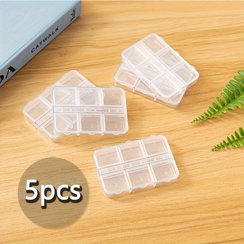 

5pcs Transparent Plastic Storage Boxes With 6 Compartments - Double Row, Detachable Organizer For Nail Art, Rhinestones & Earrings