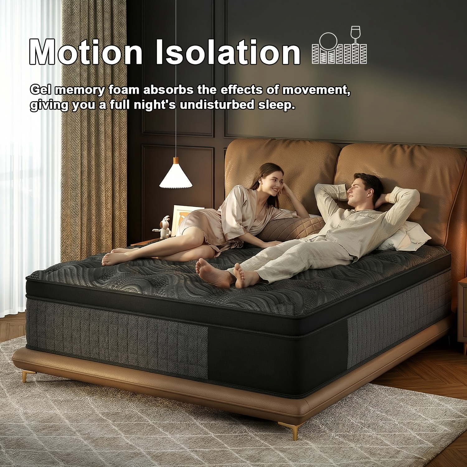 8 Inch/10 Inch/12 Inch/14 Inch Black Grey Mattress Twin, Full, Queen, King. Cooling Breathable Fabric Wicks Heat. Memory Foam Molds to Your Body Curves. Independent Pocket Springs Stop Motion Your Partner Never Feels You Get Up At Night