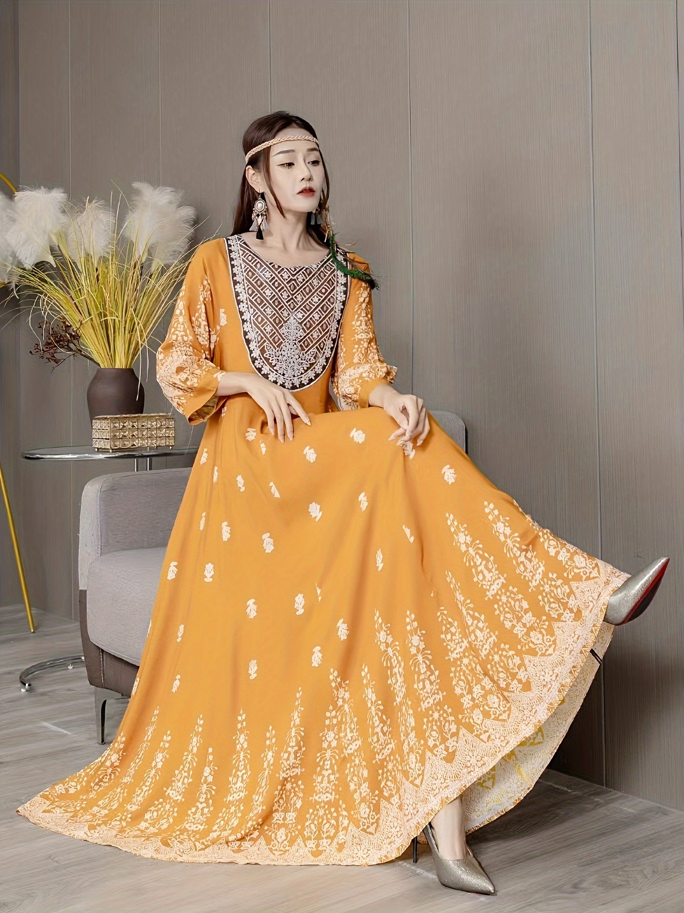 bohemian embroidered maxi dress vintage style floral - Temu
