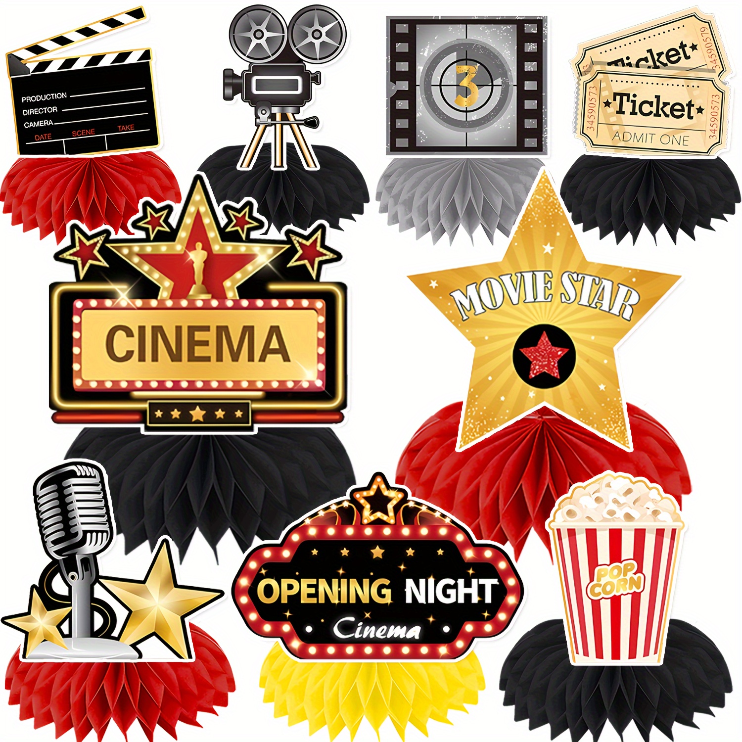 

9pcs, Movie Honeycomb Centerpiece Movie Night Party Decoration Microphone Ticket Star Video Paper Centerpiece Sign Movie Night Supplies For Birthday Party 3d Table Decoration