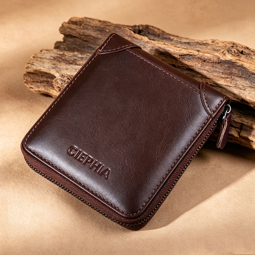 Men's Genuine Leather Zipper Wallet Rfid Blocking Large Capacity Double Fold Multi-card Top Layer Leather Wallets For Men And Coin Purse