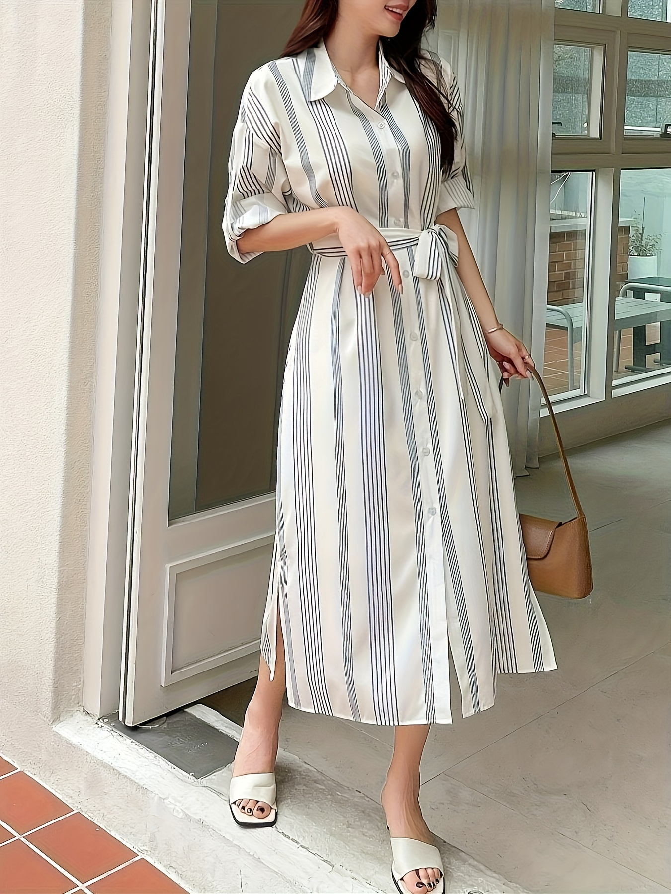 Striped Belt Print Shirt Dress