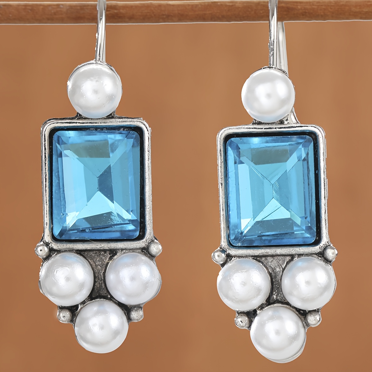 French-Style Women's Pendant Earrings with Blue Synthetic Zirconia