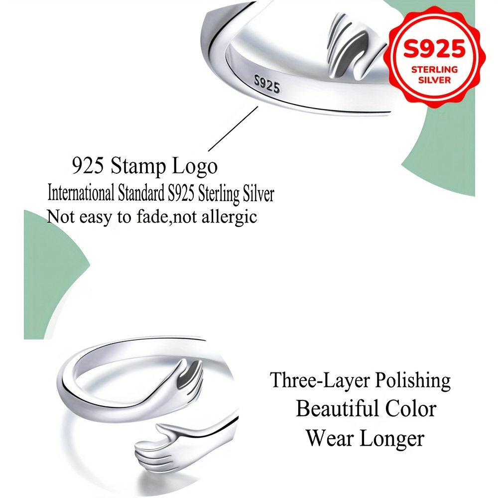 925 Sterling Silver Hug Rings Adjustable Cuff Wrap Around Hand Love