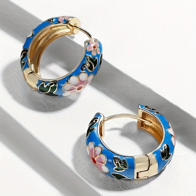 TEMU 1 Pair Enamel Circle Earrings, Exquisite Flower Green Leaf Pattern For Women Banquet Wedding Casual Vacation Daily Ethnic Style Earrings Jewelry