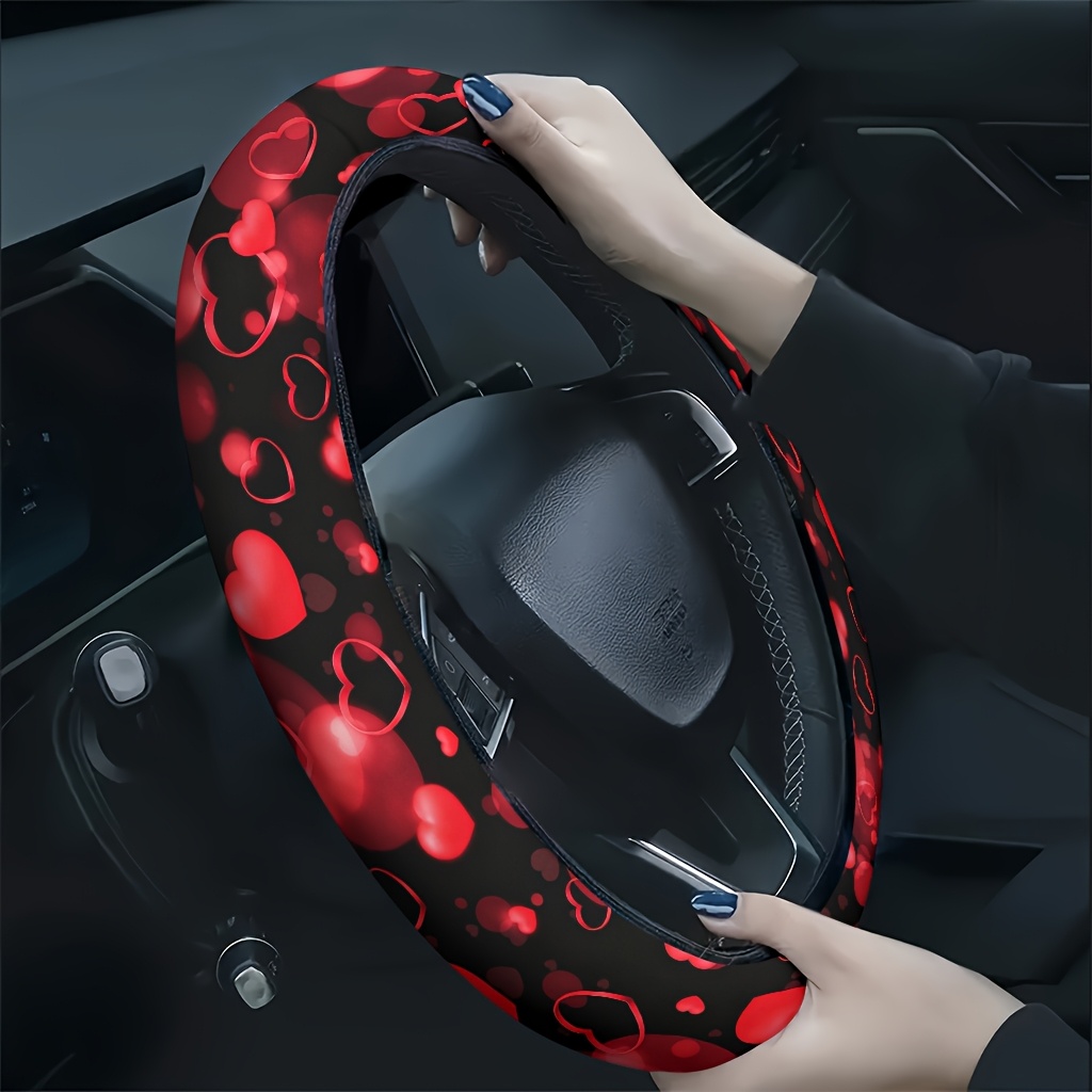 TEMU 1pc Red Heart-patterned Romantic Background Car Steering Wheel Cover, Soft And Breathable To The Touch, Reduces Hand Fatigue, Suitable For , A