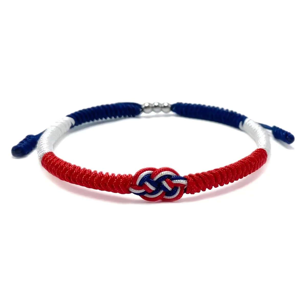 TEMU A Bohemian Woven Bracelet For Men And Women With Adjustable Sizing, Featuring 3 Silvery Metal Beads And A Red, White, And Blue Dominican Design.
