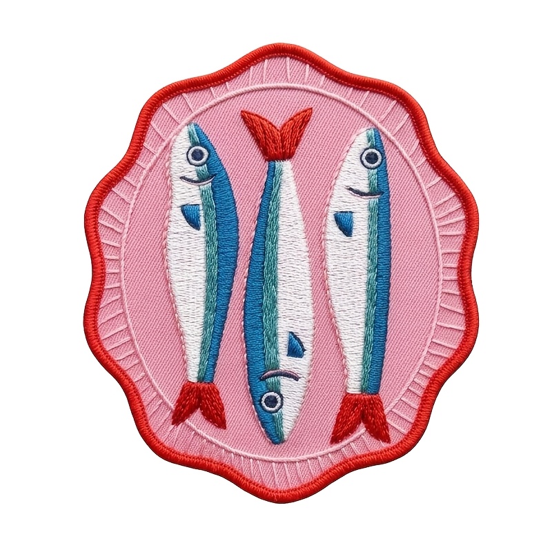 TEMU 1pc Cute Pink Embroidered Patch Iron-on Sew-on Scalloped Edge Fish Fabric Badges Retro Ocean Animal Applique For Backpacks Tote Bags Craft