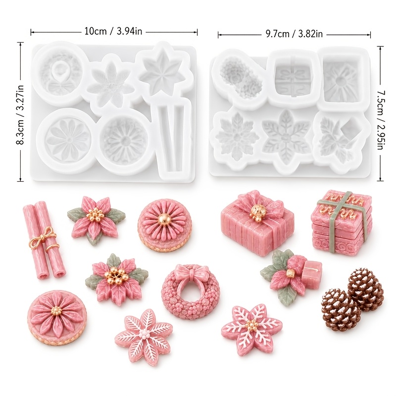 TEMU 2pcs Christmas Silicone Mold For Resin Casting, Mini Poinsettia Wreath Gift Box Snowflake Epoxy Resin Mold Xmas Pendant Earring Charm Ornament