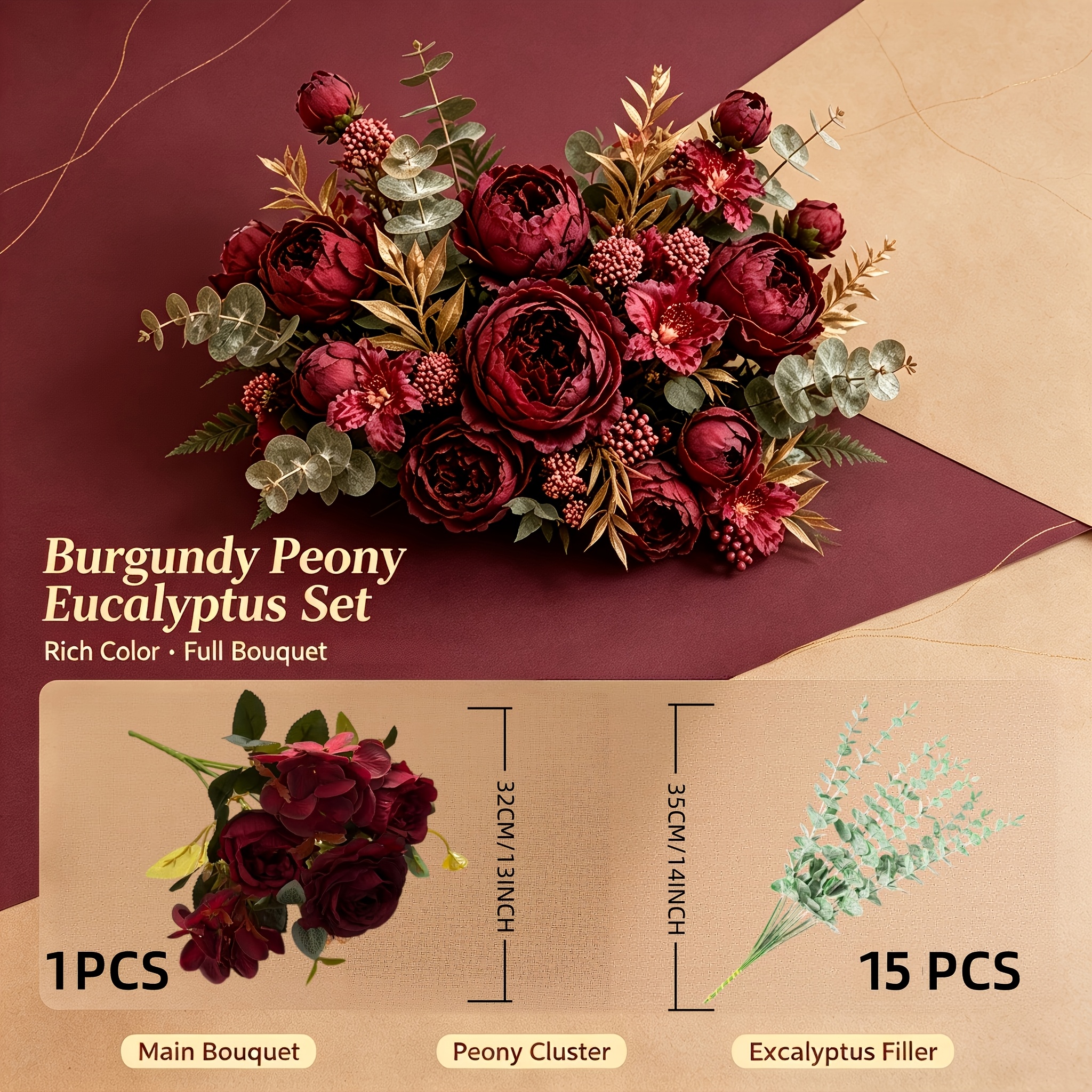 TEMU Set Combinato Nuovo da 16 Pezzi Bouquet di Peonie Artificiali Rosse e Composizione di Foglie di Eucalipto Premium, Bouquet da Sposa Inverno per