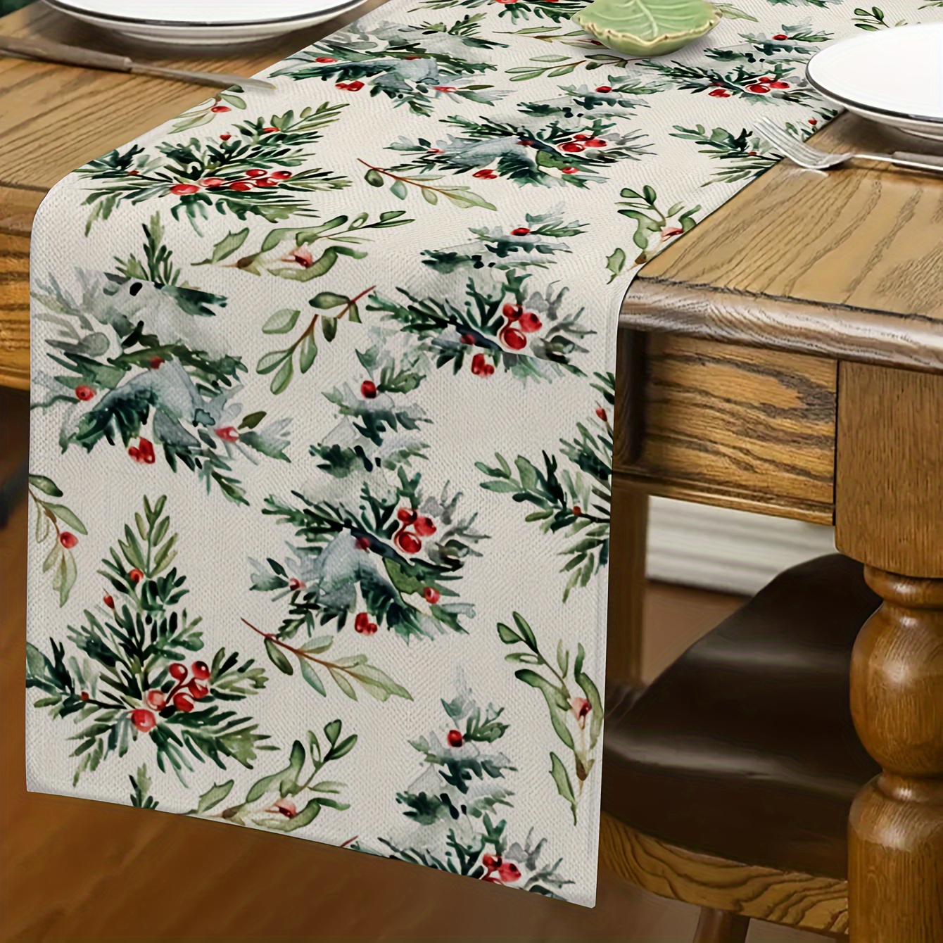 TEMU 1pc Vintage Christmas Table Runner - Festive With Holly, Berries & Snowy Details, Elegant Holiday Dining Decor For Indoor & Outdoor Parties,