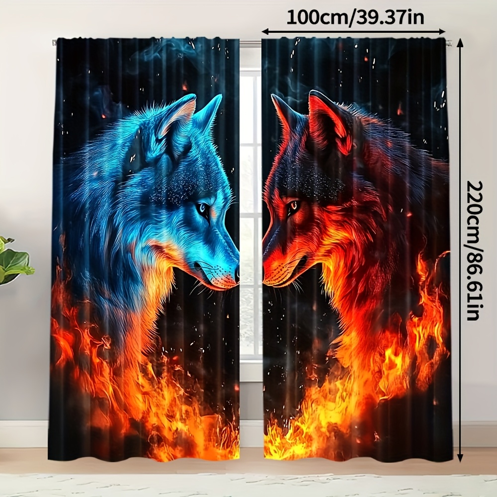 TEMU 2pcs Wolf Design Blackout Curtains - 100% Polyester, Light-filtering, Perfect For Living Room, Bedroom, Study, Dining Area - Contemporary Style,