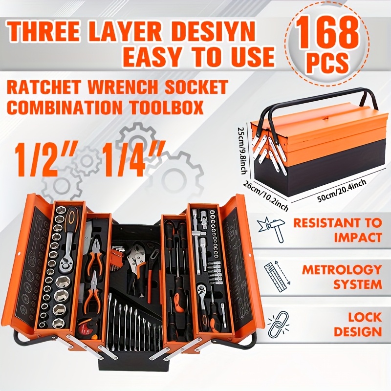 168pcs Heavy-Duty All-in-One Metal Tool Set with 3-Fold Portable Toolbox - Mechanic's Tool Kit (Sockets, Wrenches, Screwdrivers, Pliers)