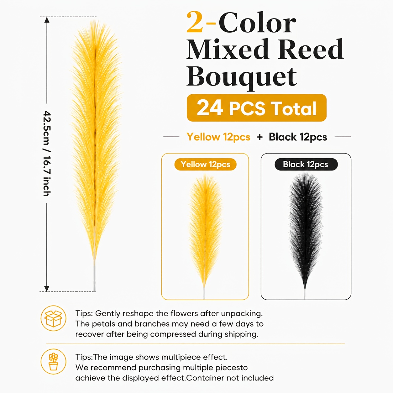 TEMU 24 piezas de de caña artificiales, ramo de de plumas de mezcladas amarillas y negras, plumas decorativas de 16.7 pulgadas para , decoración del