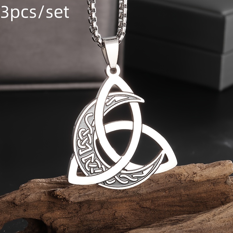 

3pcs/set Irish Trinity Knot Celtic Moon Necklace For Men Women Stainless Steel Vintage Triquetra Lucky Amulet Jewelry