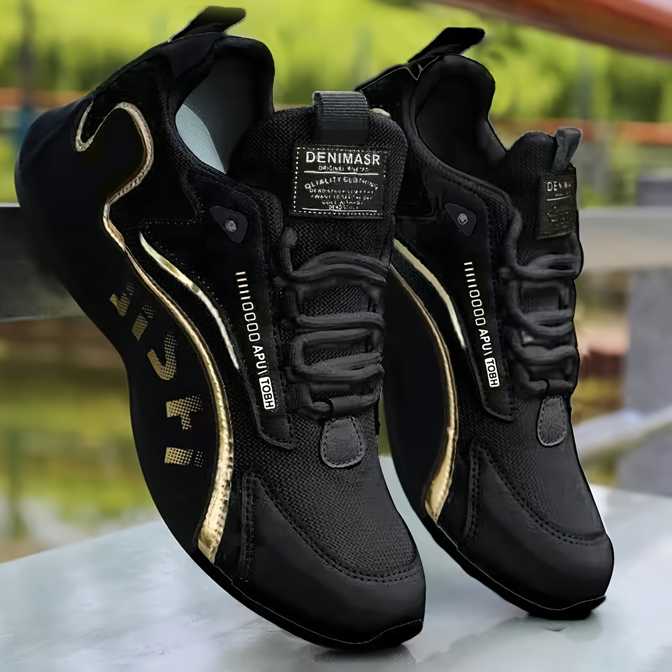 mens fashion sneakers casual sports shoes with golden accents