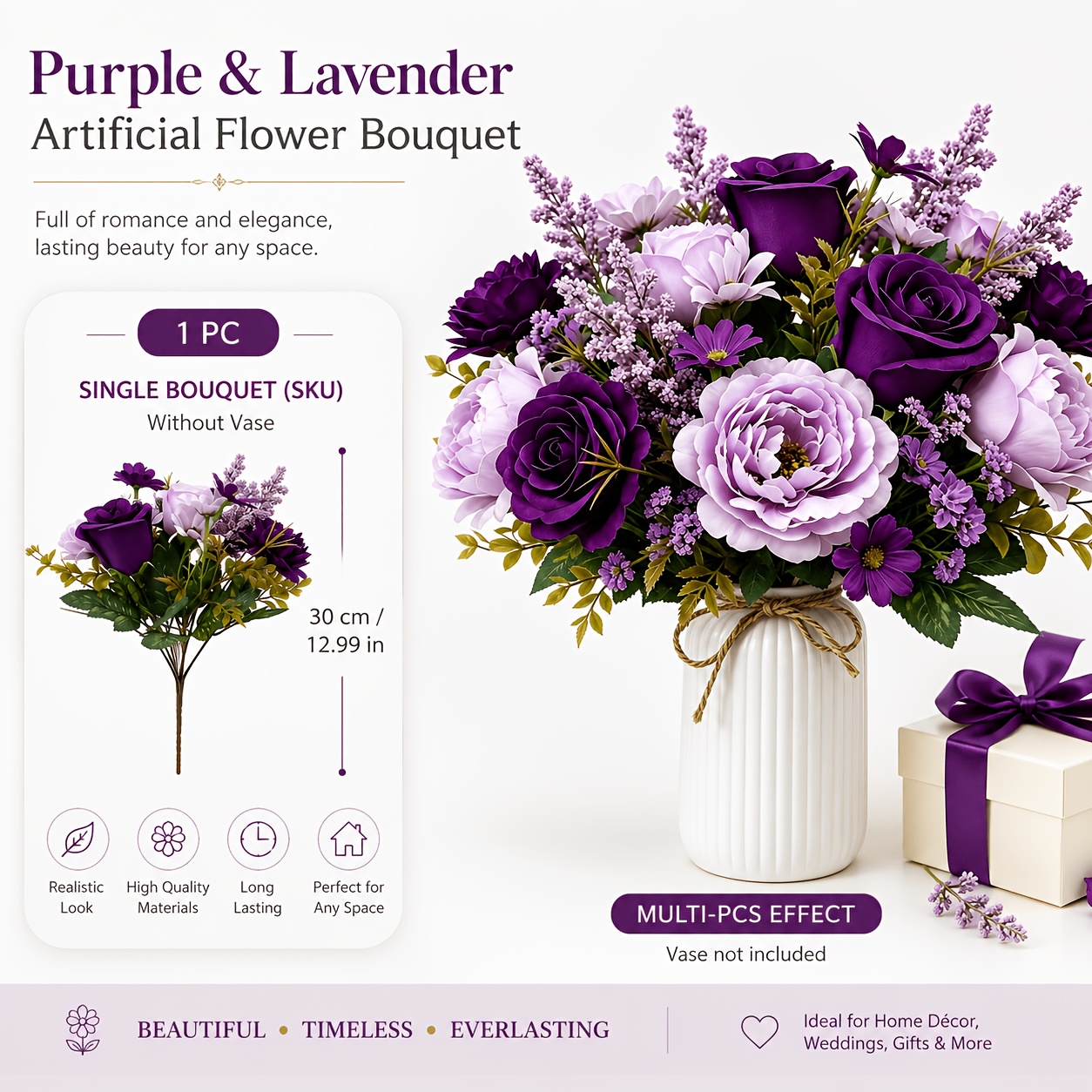 TEMU 1 Bouquet Of High-quality Purple Artificial Flowers, Including Roses, Daisies, And Eucalyptus, With Realistic Touch. Suitable For Christmas,