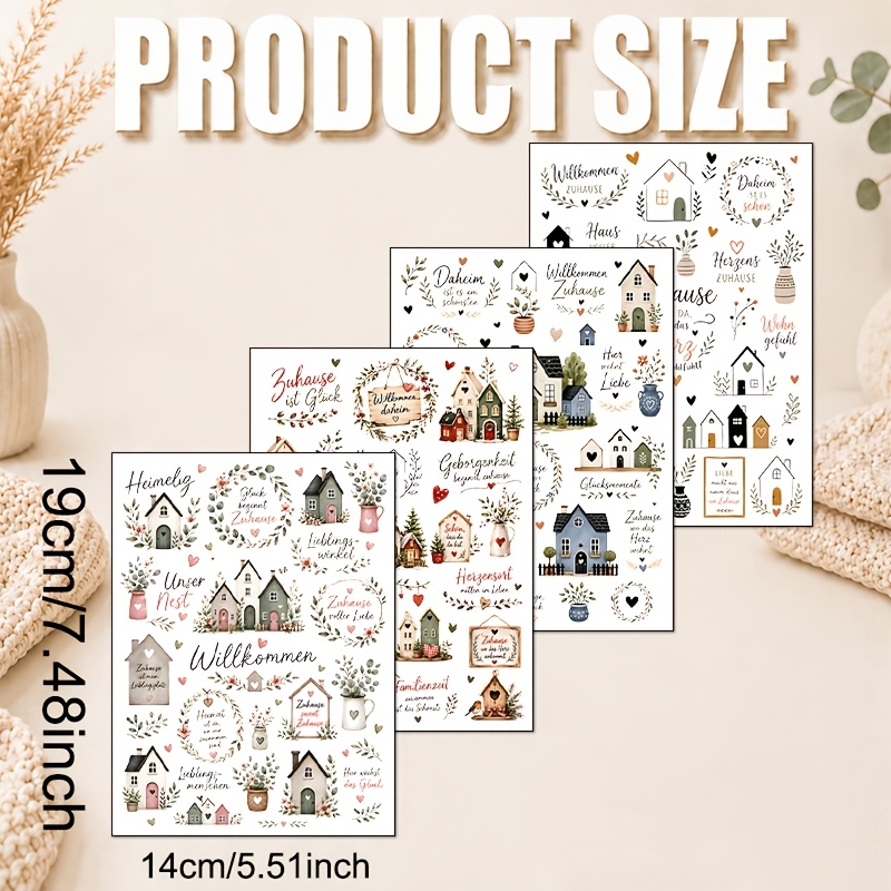 TEMU 4 Sheets/set, Cottage Floral Miniatures Transfer Paper, Multi-style Watercolor Country Houses With Vase And Leaf Heart Patterns, Soft Decor