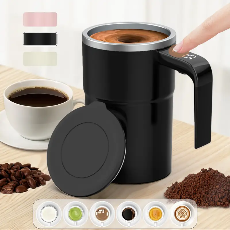 self stirring mug auto magnetic coffee mug with led display temperature rechargeable automatic stirring mug 12oz self mixing cup with lid to stir coffee mixed milk at desk use details 1