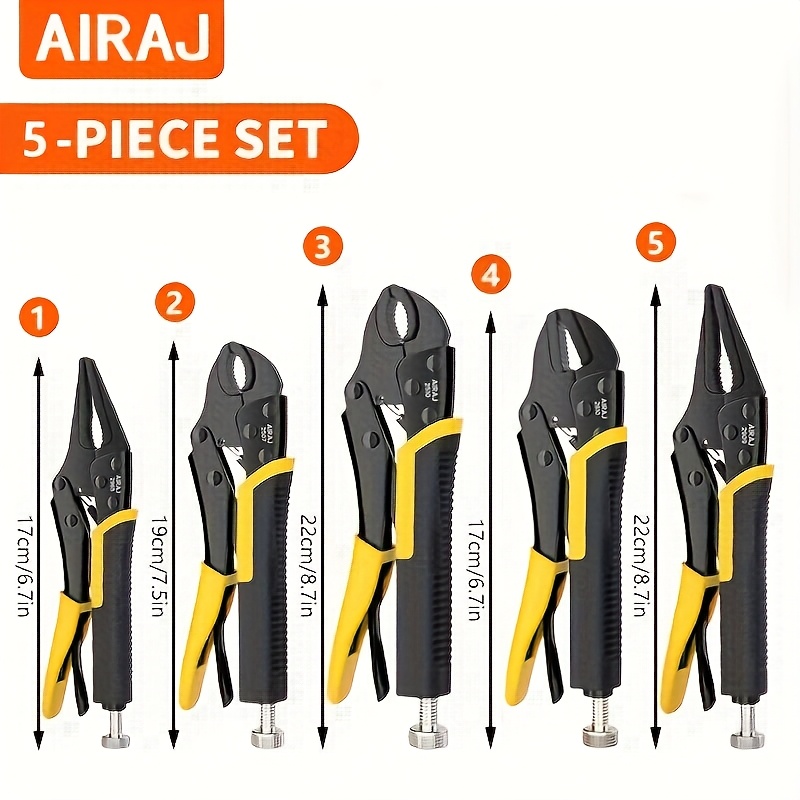 TEMU Airaj 5pcs Heavy-duty Locking Pliers & Multifunctional Set With Anti-slip Handle, Strong Biting Force, Large Jaw Opening & All Mouth Parts