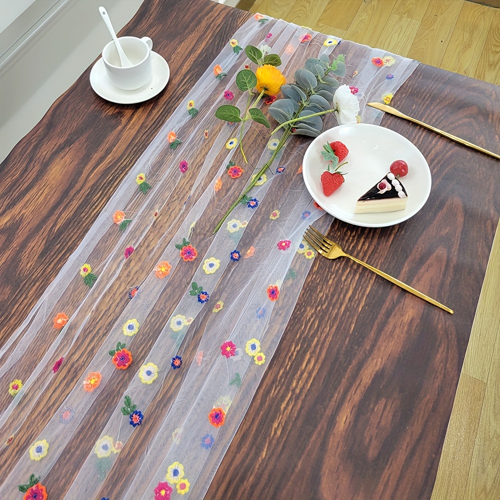

1pc, Table Runner, European Pastoral Colorful Flower Embroidery Grid Fabric Table Runner, White Tulle Country Style Sheer Tablecloth, Outdoor Garden Wedding Welcome Decoration