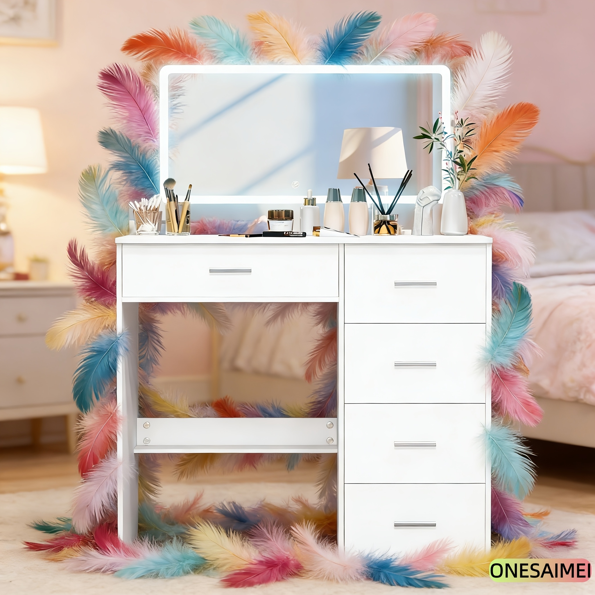 Vanity Table with Multiple Drawers & Complimentary Cosmetic Mirror