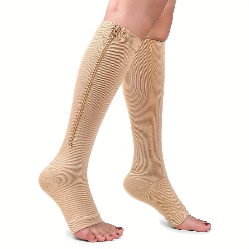 TEMU 1 Pair Zipper Compression Stockings, Open Toe- Thick Knee-high Support Socks For , Breathable, Ideal For Cycling & Sports, Sports Compression