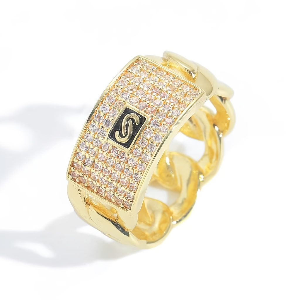TEMU European And Hip-hop Geometric Synthetic Cubic Synthetic Zircon​ Ring With Full Cuban Chain Design Trendy Ring, Without Battery