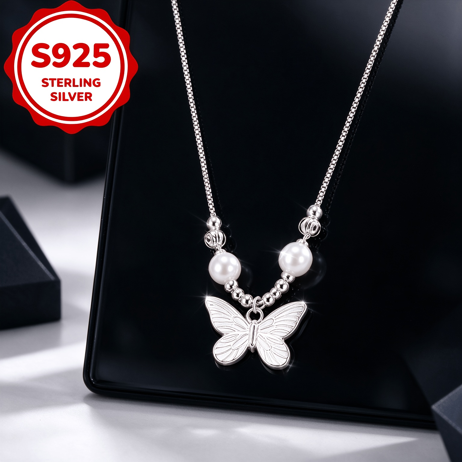 Women's 925 Sterling Silver Round Bead Butterfly Pendant Necklace