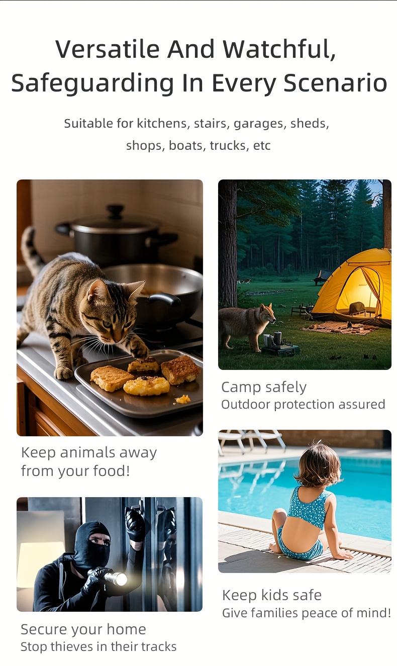 Sistema de Alarma de Seguridad Inalámbrico con Detector de Movimiento Infrarrojo y Timbre - Alimentado por Batería/USB de Doble Uso, Seguridad Inteligente para el Hogar con Alertas en Tiempo Real, Control Remoto