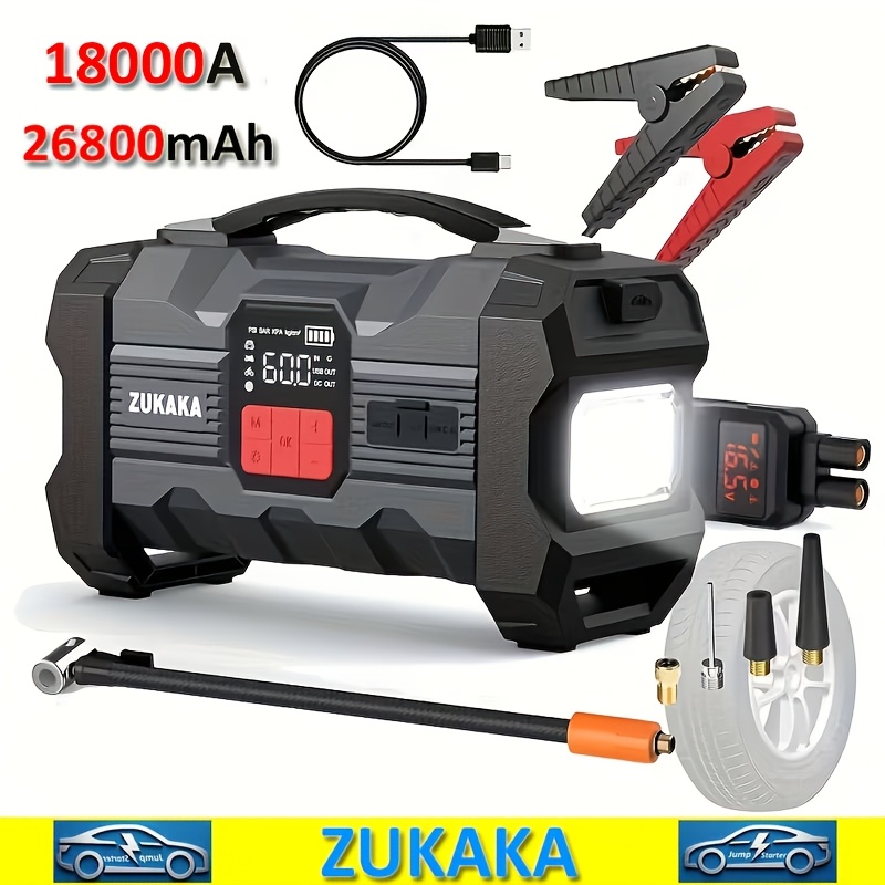 26800mah Car Jump Starter With Air Compressor Cordless Tire Inflator Pump, 18000a Battery Booster With Power Bank Pack, 10 Advanced Safety Protections, Smart Intelligent Cables With Voltage Display