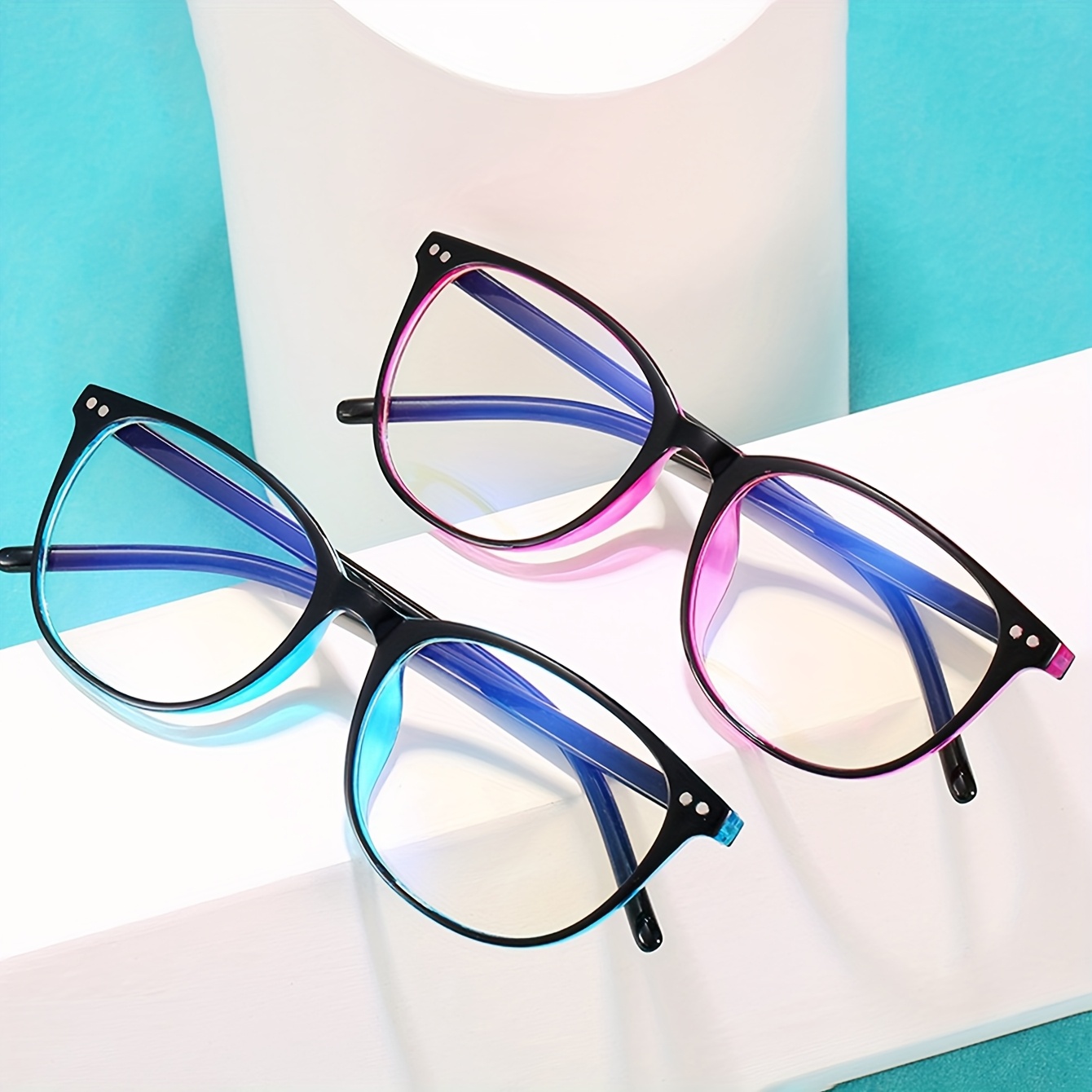 Image of 2pcs Women's Stylish Oval Frame Glasses - Black With Lenses & Pink With Purple-tinted Lenses, Full-rim Design For Phone, Tv, And Computer Use