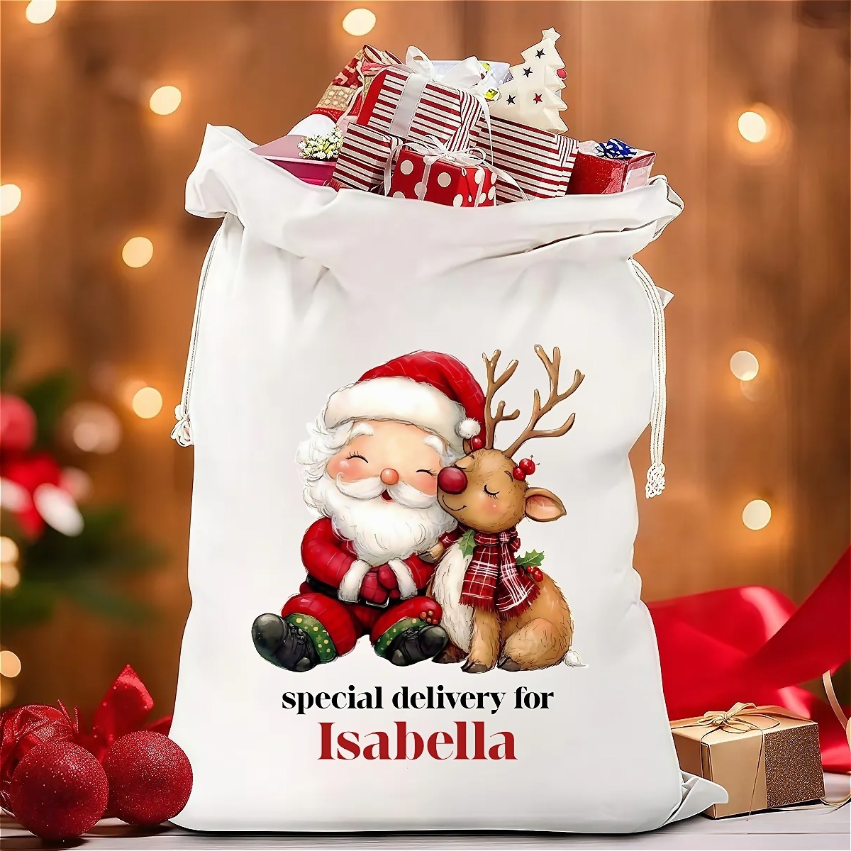 TEMU Custom Name & Design, Personalized Santa Claus Gift Bags - Drawstring Closure, Multiple Styles And Sizes, Suitable For Holiday Gifts And Party