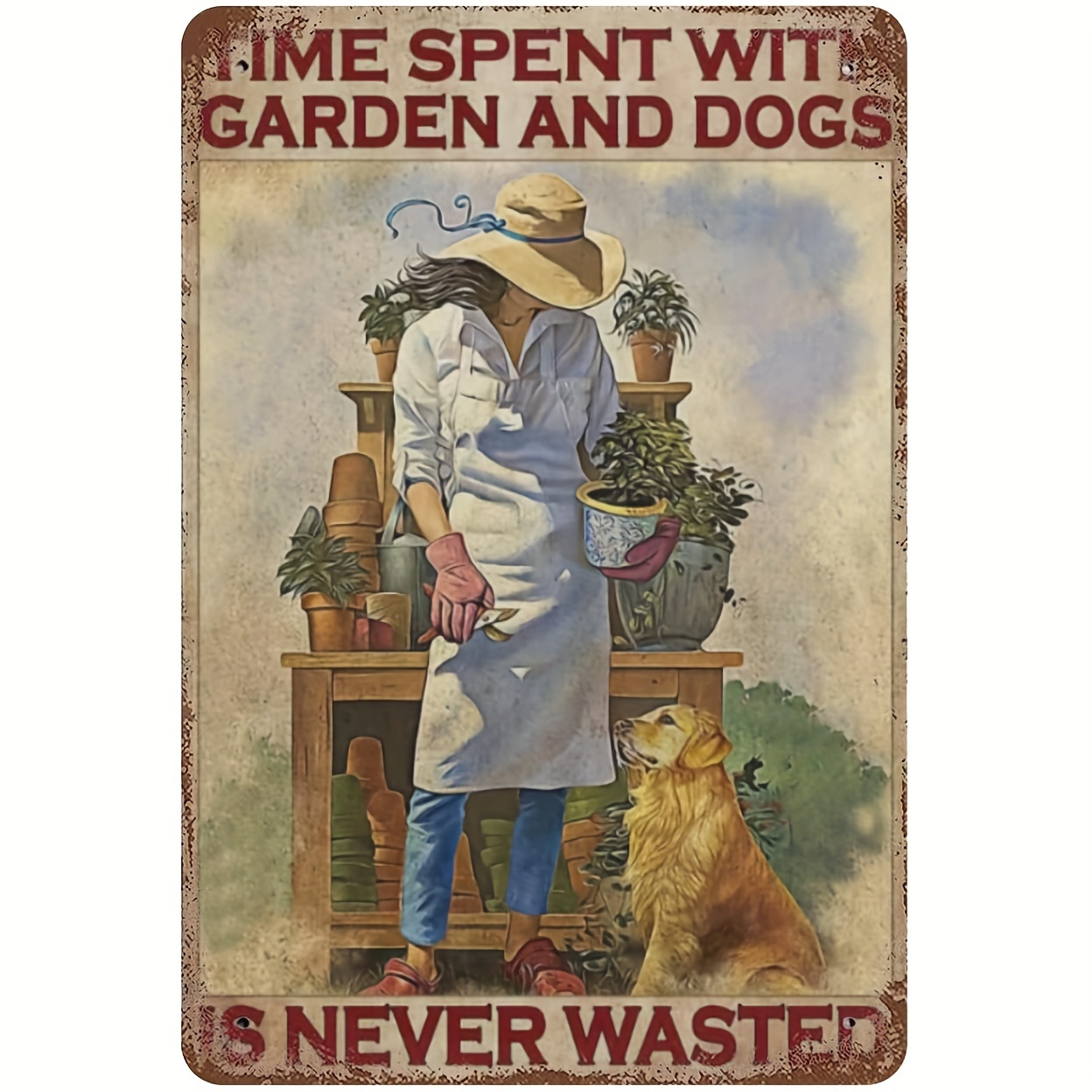 

1pc Vintage Rustic Metal Tin Sign "time Spent With Garden And Dogs Is Never Wasted", Garden Wall Decor With Retro Artwork Of Girl And Dog, Pre-drilled Holes For Easy Hanging, 12x8 Inch