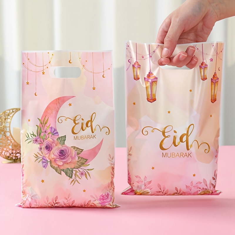 

10/24pcs Gift Bags, Pink Watercolor Moon And Flowers Design, Party Favors, Ramadan And Eid Al Celebration Decorations, Eid Al-fitr Candy Packing Bags