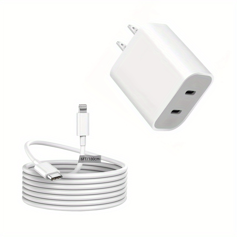 TEMU 2-pack Super Fast Charger For Iphone, 20w 20w Dual Port Usb C Wall Charger Plug Travel Charger Fast Charging 6ft Typec Cable For Iphone 14 13 12