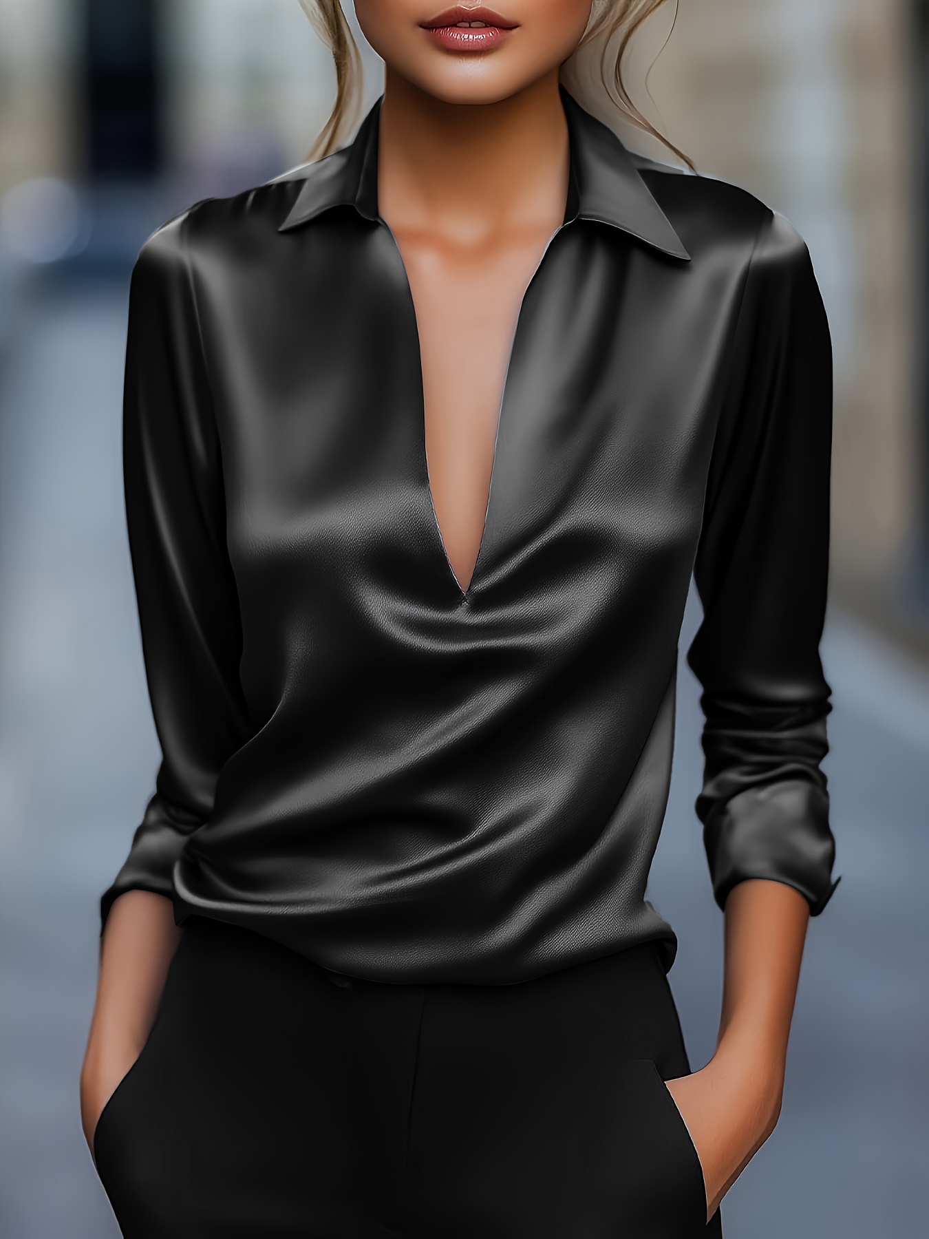 camicia blusa donna in raso argentato scollo a v moda