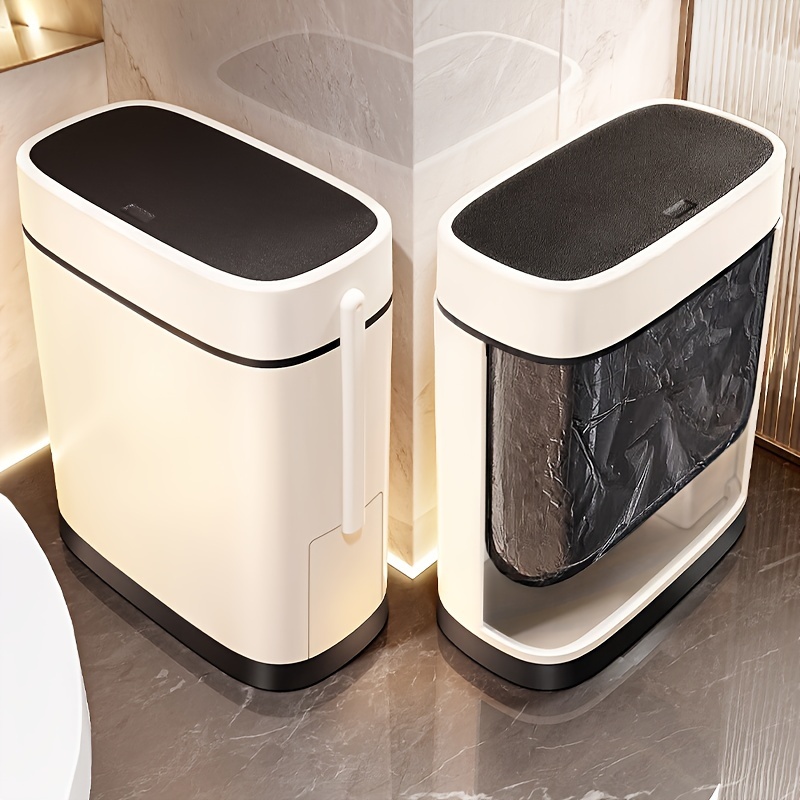 

Ivory White Press-top Kitchen Trash Can With Odor Sealing, Waterproof Rectangular Resin Garbage Bin With Free Brush - No Electricity Required