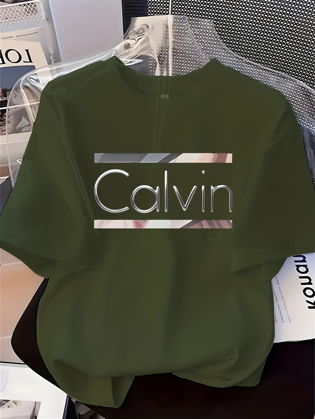 Women's Elegant Round Neck Short-Sleeve T-Shirt - Vibrant Red with White Calvin Monogram Print, Soft Fabric, Casual Versatile Top for Spring & Summer, Machine Washable, Casual Attire, Stylish Letter Print, Comfortable Fit