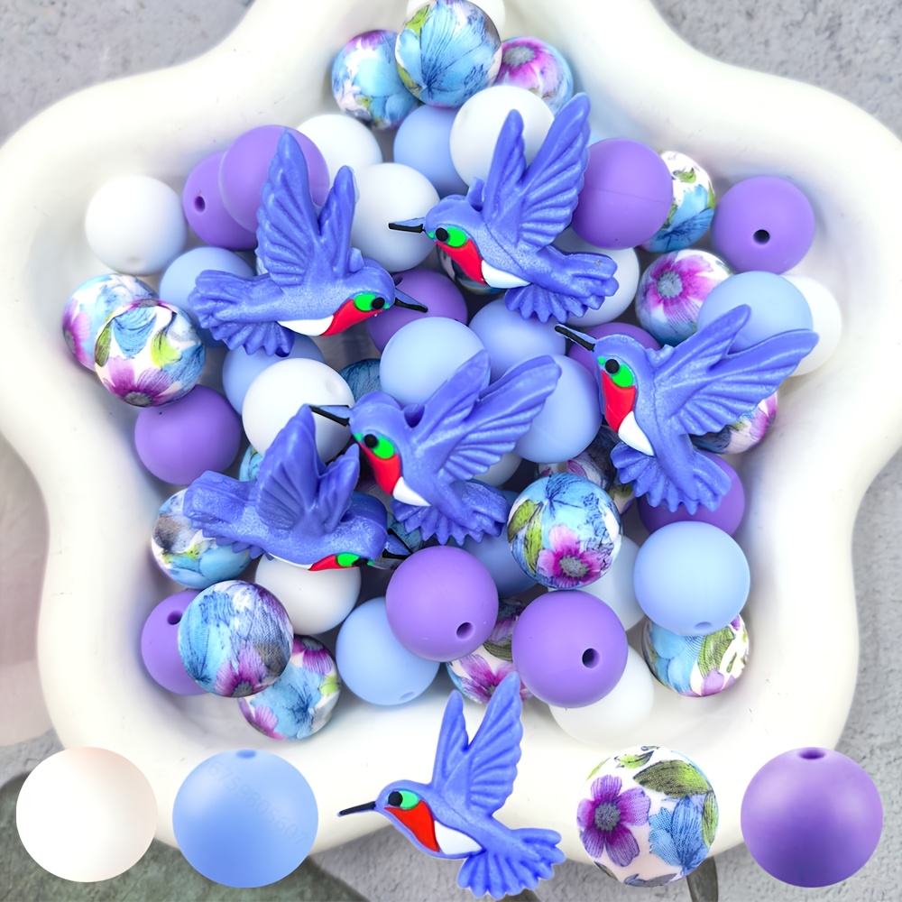 TEMU Ensemble de 27 perles en silicone sur le thème des oiseaux, perles en silicone 3D de et perles en silicone imprimées de fleurs de 15 mm,