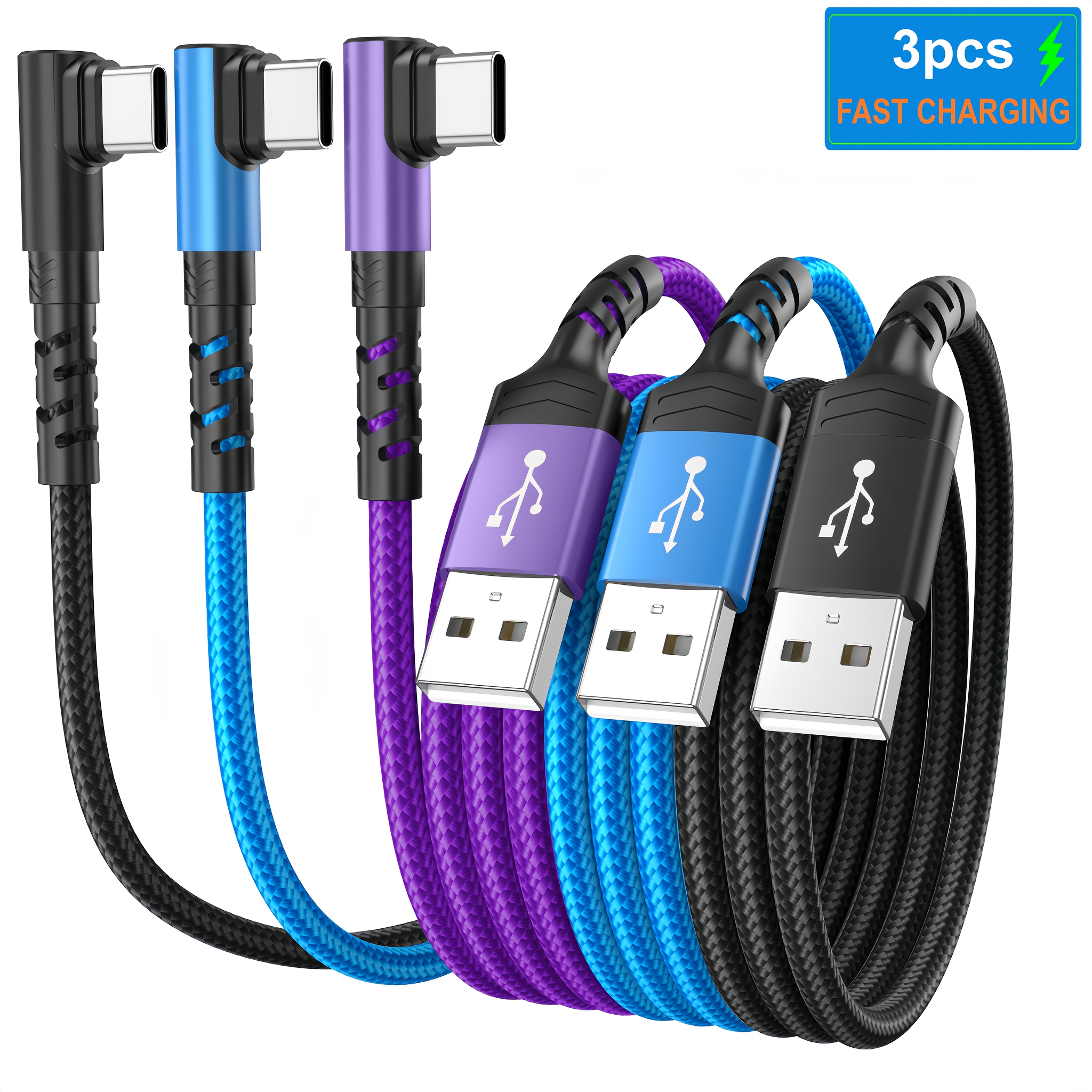 Image of 3pcs Type C Fast Charging Cable, Right Angle Usb A To Usb C Cable, For Iphone 17/16/15 Series, For Huawei Oppo Vivo Oneplus And More Smartphone, Length 100cm/200cm/300cm