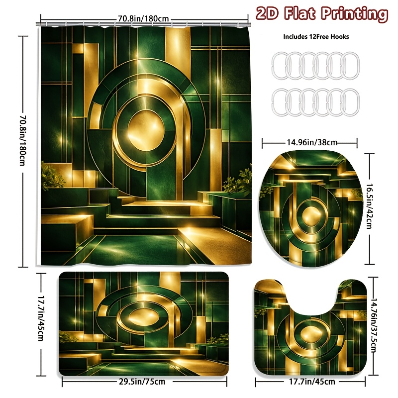 4pcs Geometric Art Deco Shower Curtain Set with Bath Mat