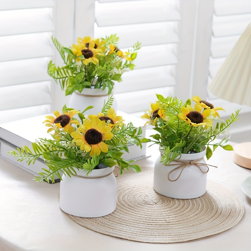 

1pc Artificial Sunflower Potted Plant - Vibrant Yellow And Green Floral Arrangement In White Ceramic Vase With Bow, Home Decor, Restaurants, , Windowsills, And , Sunflower Decorations