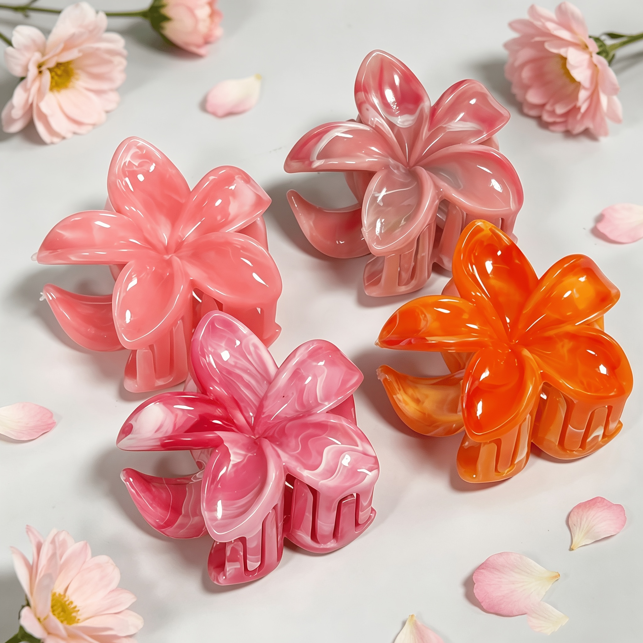 TEMU 4pcs 1.57in Sweet Pink Marble Gradient Flower Hair Clip Set, Bohemian Style, Cute, Suitable For Beach, Additions, Elegant Claw Clips, School