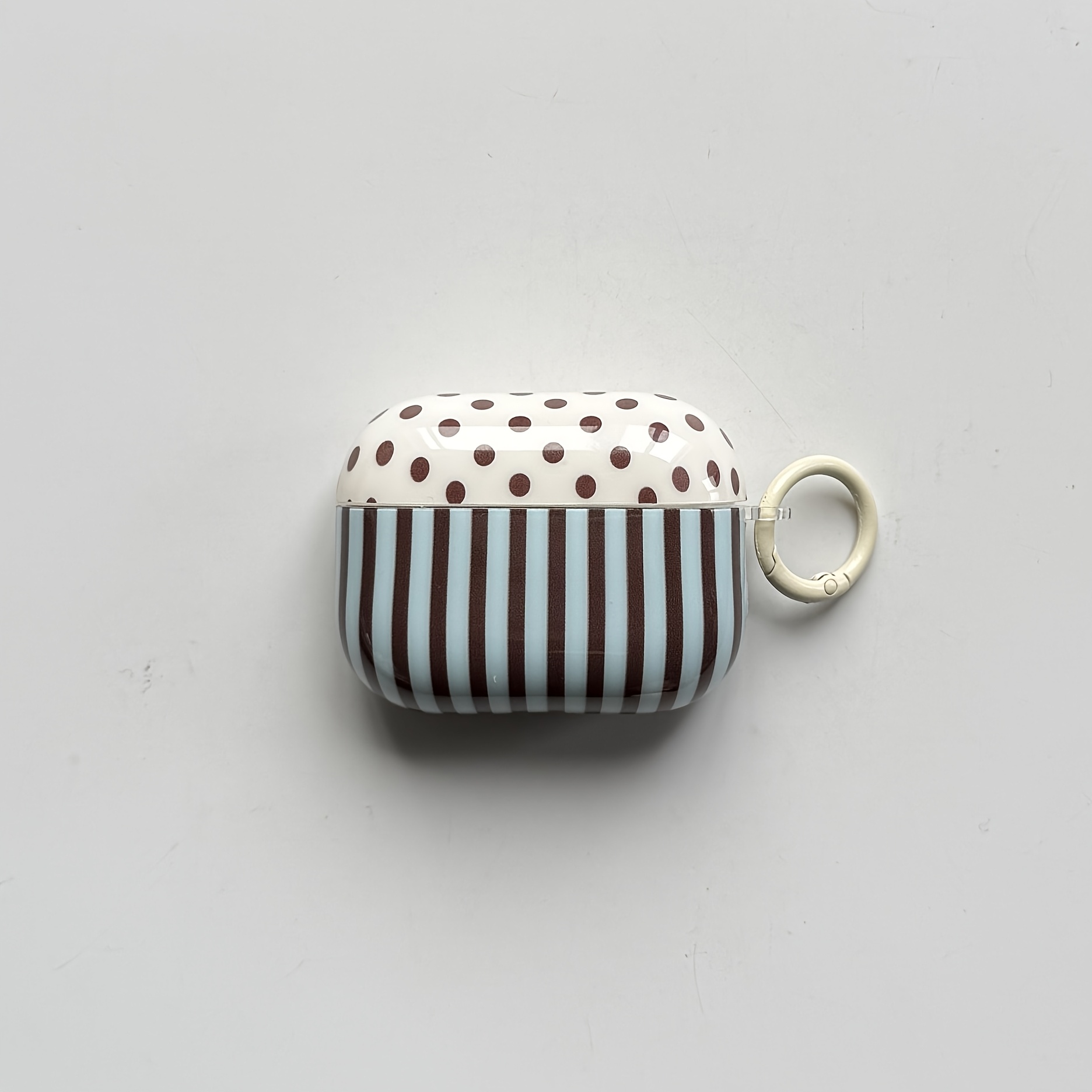 TEMU Étui de protection pour écouteurs bleu à pois marron, motif patchwork rayé rétro chic avec anneau blanc, compatible avec Airpods 1 2 3 4 5 Pro